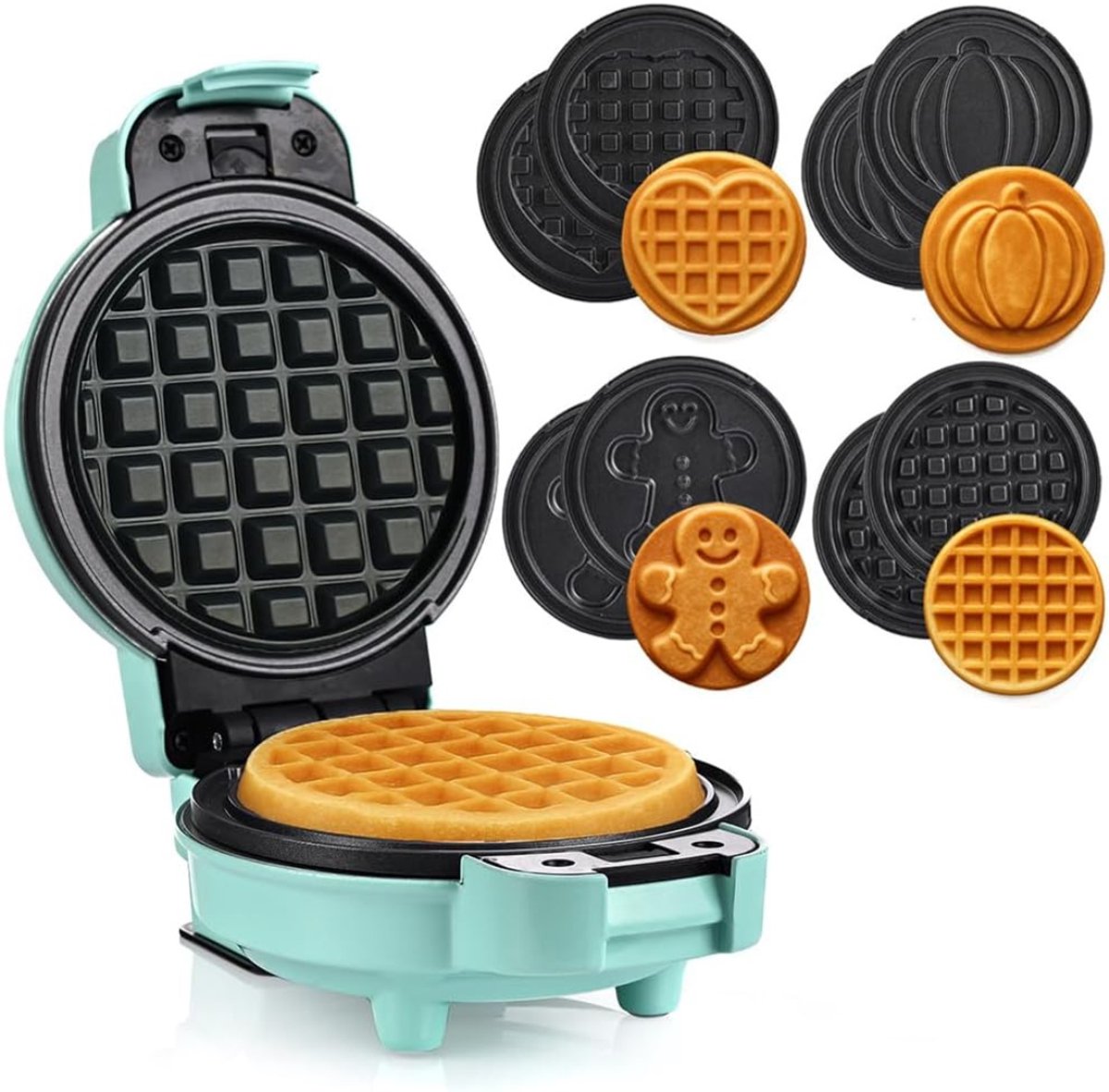 AMA® Wafelijzer met Verwisselbare Platen - Wafelmaker - Wafelijzer - Mintgroen - 17x13x8.9cm
