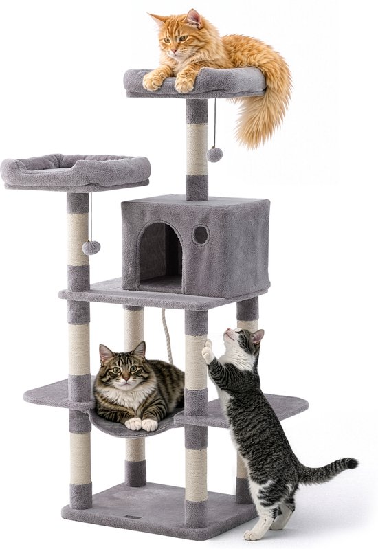 Jake and Jacky Krabpaal pour Chats - Griffoir pour Chats - Meuble à Griffer - Arbre à Chats - Griffoirs - Maison pour Chats - Gris Clair - 147 cm de Haut
