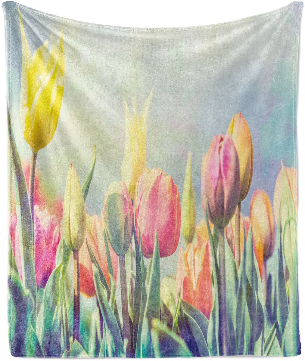 ABAKUHAUS Pastel Zachte Flanellen Fleece Deken, Tulpenbloemenbed Park, Gezellige Pluche Plaid, 125 x 175 cm, Babyblauw Multicolor