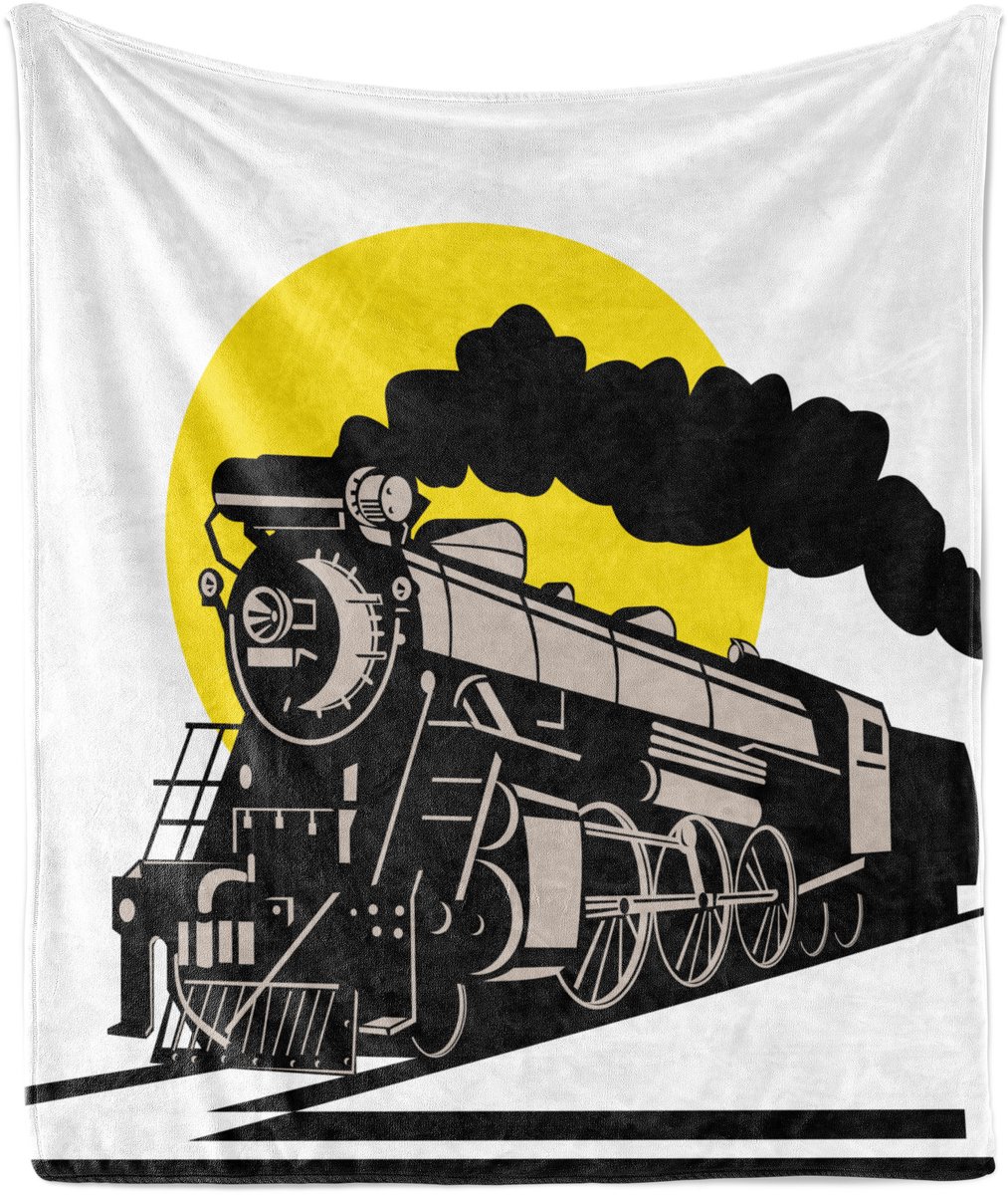 ABAKUHAUS Trein Zachte Flanellen Fleece Deken, Locomotief Stoom en Zon, Gezellige Pluche Plaid, 125 x 175 cm, Zwart Geel