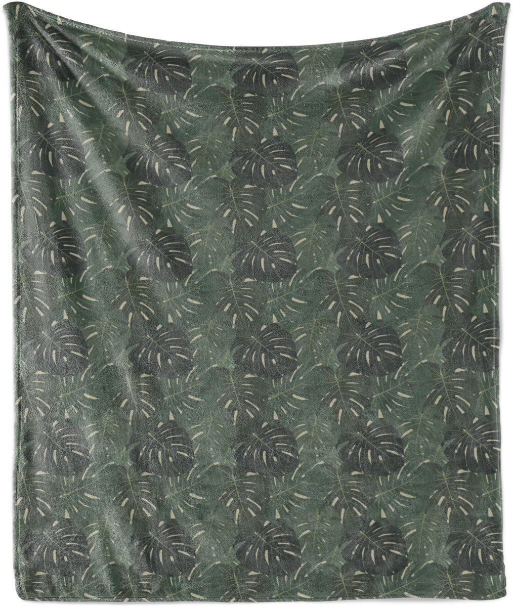 ABAKUHAUS Tropische zachte flanellen fleece deken, exotische kunstmatige monsterabladeren, knusse pluche plaid, 175 x 230 cm, grijs/reseda groen