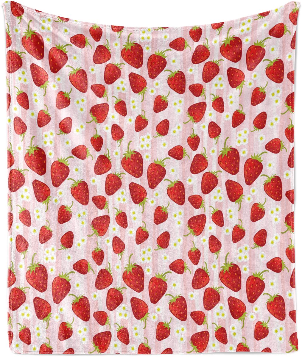 ABAKUHAUS Zachte Flanellen Fleece Deken met Aardbeiprint, Zomerfruit, Gezellige Pluche Deken, 125 x 175 cm, Roze Rood Meerkleurig
