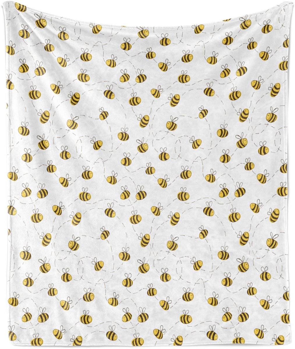 ABAKUHAUS Zachte Flanellen Fleece Deken met Bijtje, Eenvoudig Getekende Vliegende Bij, Gezellige Pluche Deken, 125 x 175 cm, Geel Wit Bruin