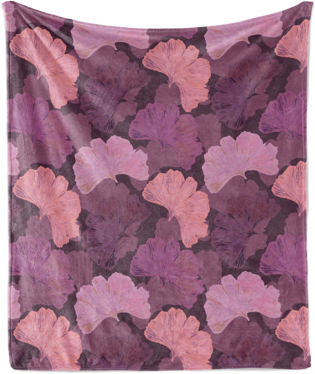 ABAKUHAUS Vintage Zachte Flanellen Fleece Deken, Retro Ginkgo Biloba Bladeren, Gezellige Pluche Plaid, 175 x 230 cm, Aubergine en Multicolor