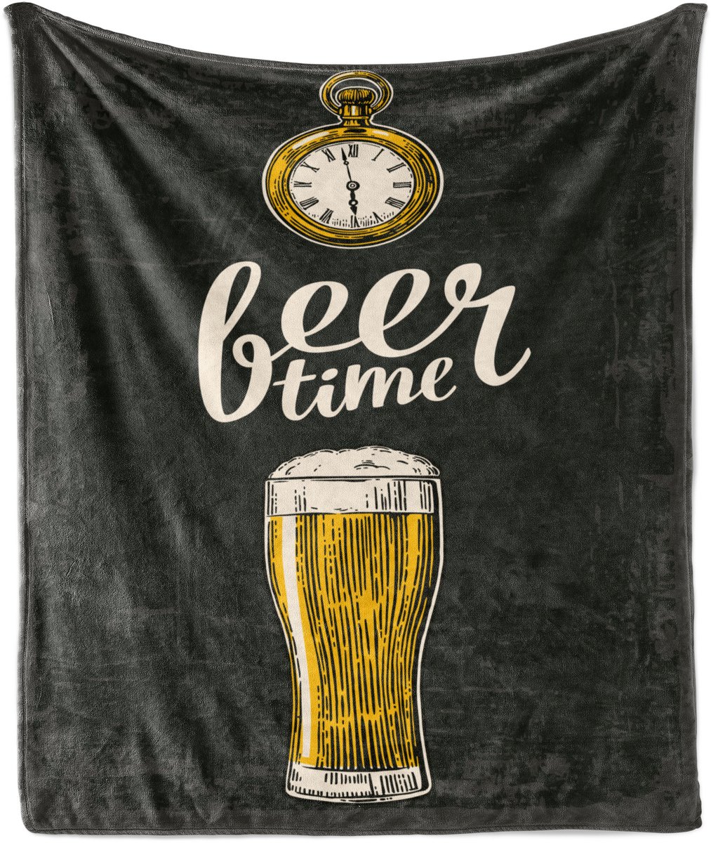 ABAKUHAUS Zachte flanellen fleece deken met bierprint, biertijd en oude klok, knusse pluche plaid, 125 x 175 cm, donkergroen geel crème