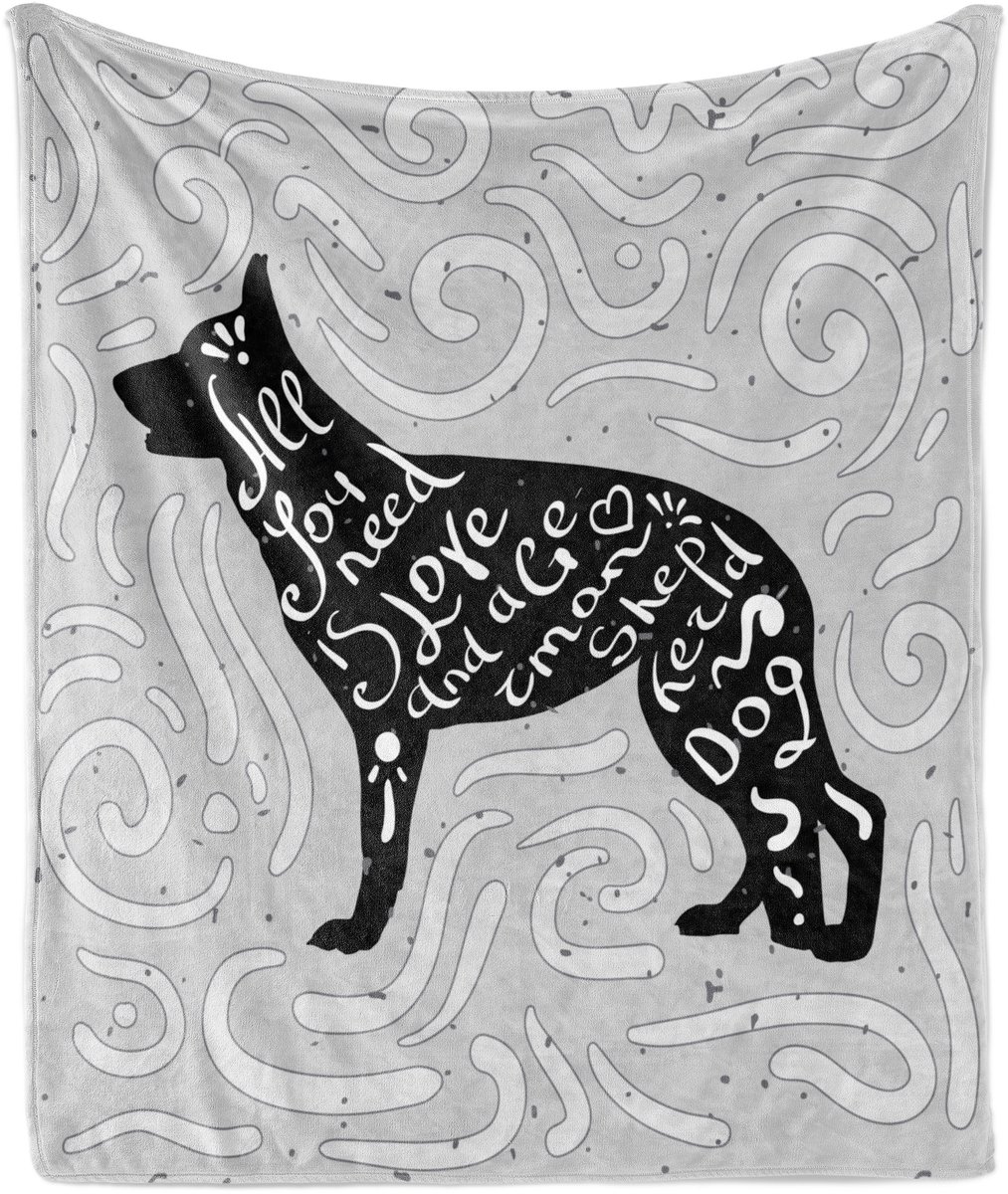 ABAKUHAUS Quote Zachte Flanellen Fleece Deken, Duitse Herder Doodle Design, Gezellige Pluche Plaid, 175 x 230 cm, Lichtgrijs Zwart Wit
