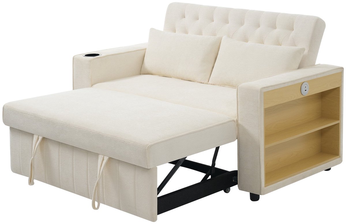 Merax Multifunctionele Slaapbank - Met Opbergruimte - Met Bekerhouder - Met Laadaansluiting - Met Boekenvak - 2-Zits - Chenille Bekleding - Beige