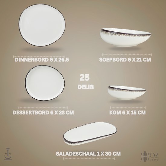 Service de table OZ HOME Bricard Royan 25 pièces Porcelaine - 6 Personnes - Blanc avec Détails Marron - Empilable - Résistant au Lave-vaisselle, Micro-ondes et Four