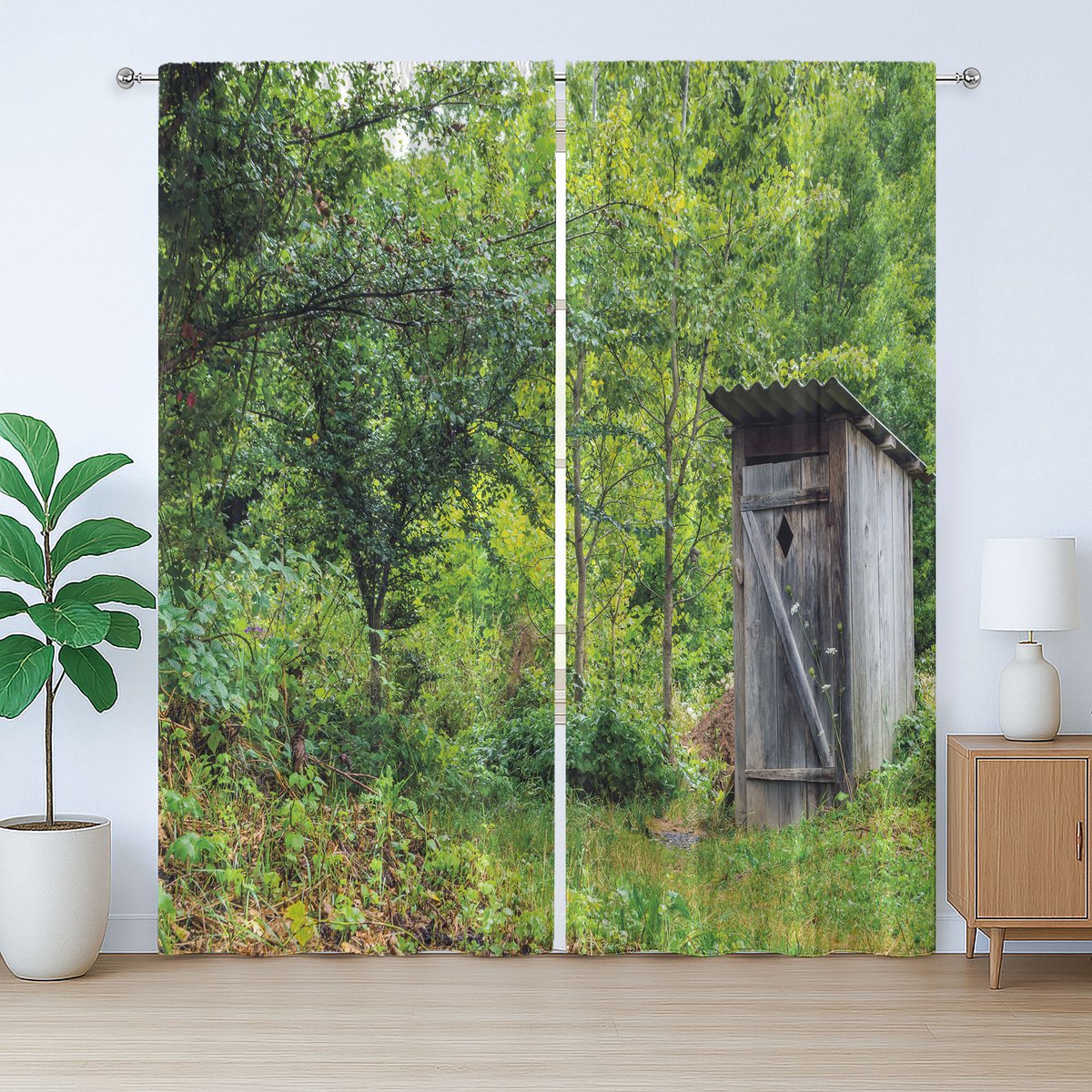 ABAKUHAUS Rustiek buitentoiletgordijn, boshuisje, slaapkamergordijn met plooien en haken, 280 x 175 cm, groenbruin