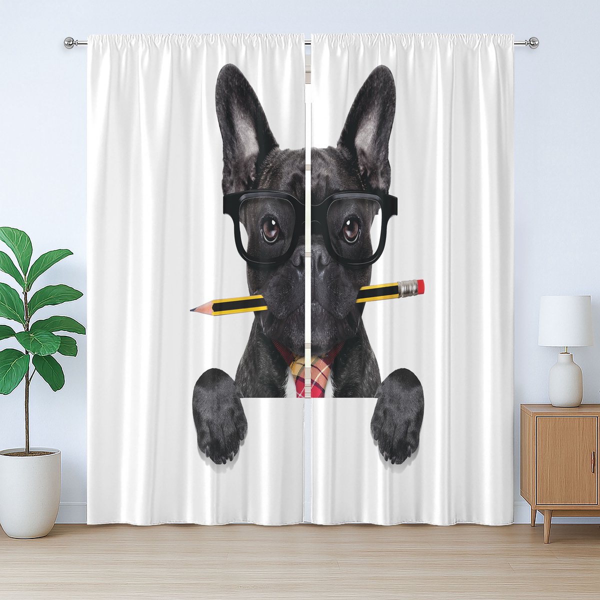 ABAKUHAUS Bulldog rustiek gordijn, zakenman hond met bril, slaapkamergordijn met lussen en haken, 280 x 225 cm, zwart-wit