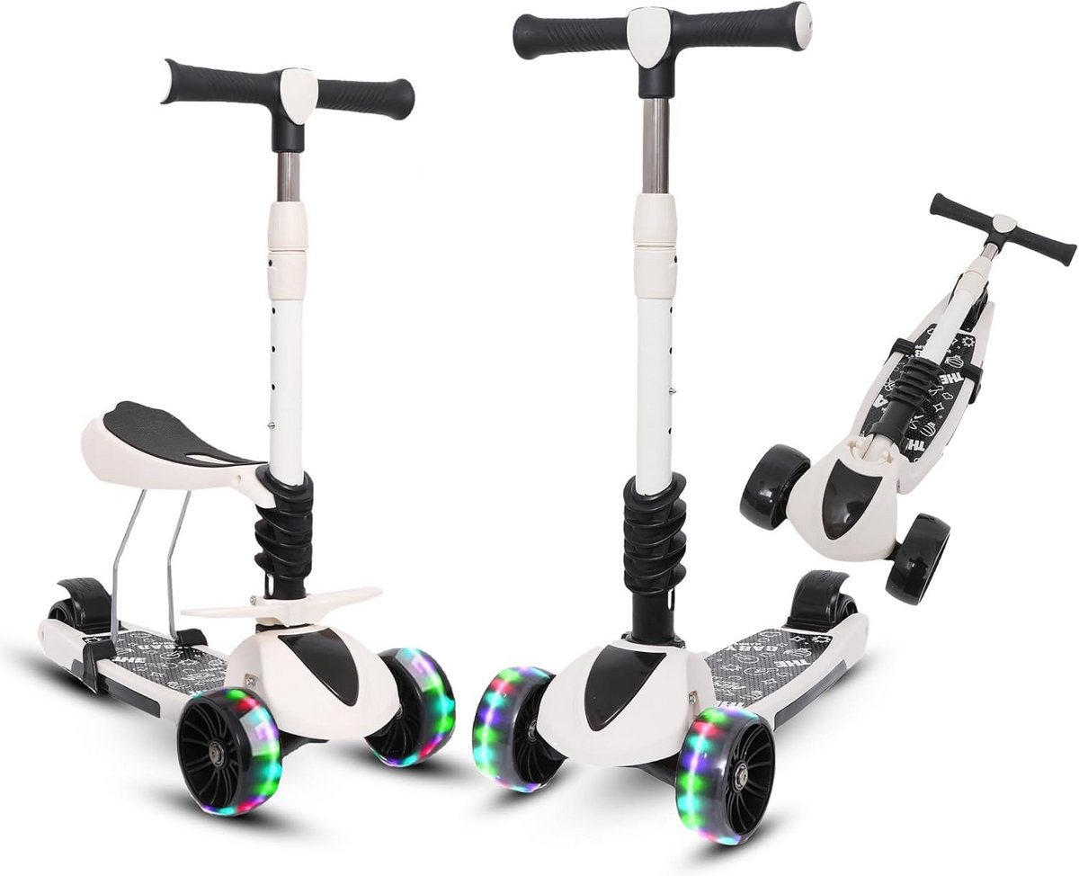 3-in-1 Kinderstep met Zitje voor Peuters en Kinderen, Opvouwbaar en LED-Wielen