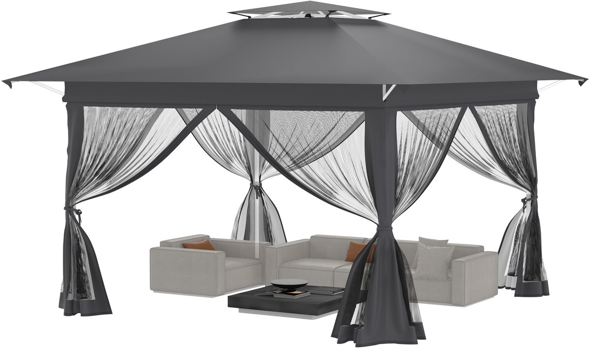 Aufun Pop-up vouwpaviljoen - 4 x 4 m - met muggennet en afneembare zijpanelen - metalen frame - voor tuin, feest, marktstand - antraciet