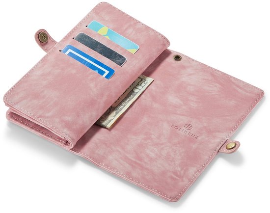 Roze telefoonhoesje met portemonnee open, met kaartvakken en een vak voor contant geld.
