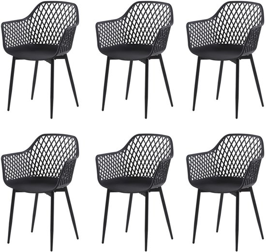 Zes zwarte kuipstoelen met open ruitpatroon en metalen poten, op een witte achtergrond.