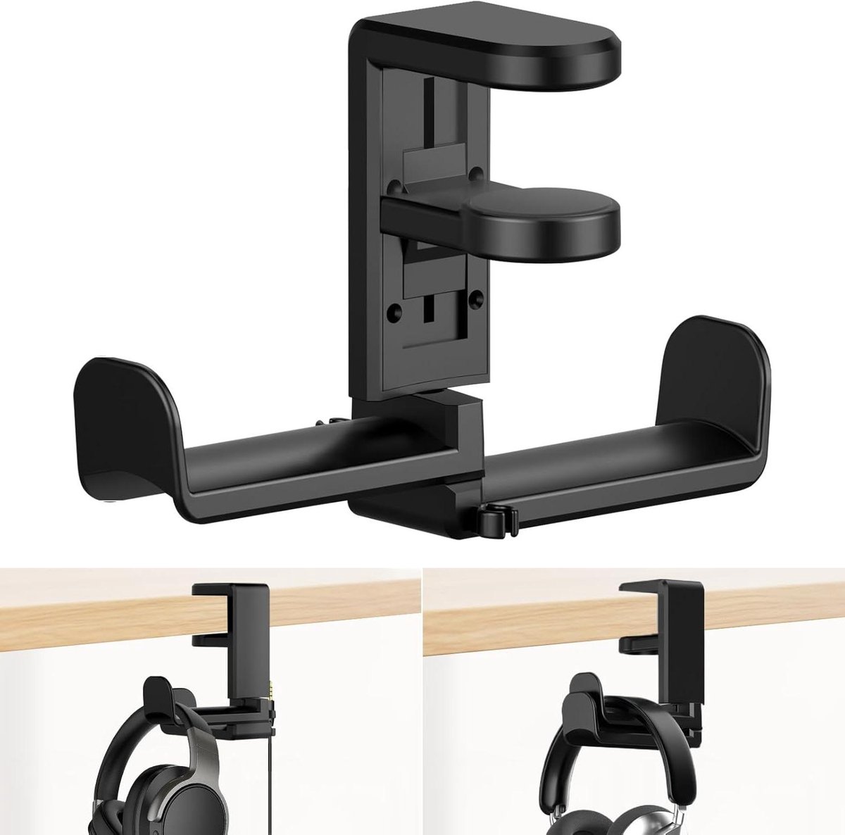 Headset houder voor gamers en kantoor, draaibare bureau hoofdtelefoonhouder, kabelorganizer, zwart, handig.