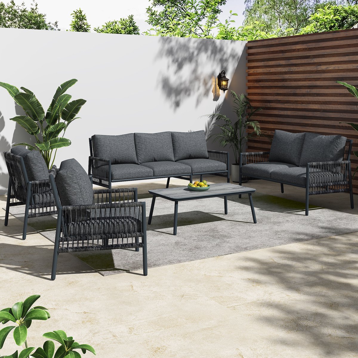 REDOM - 7-Zits Tuinmeubelset Met Salontafel - PE-Rattan - Verzinkt Stalen Frame - Gehard Glas Met Houtnerfprint - Grijs