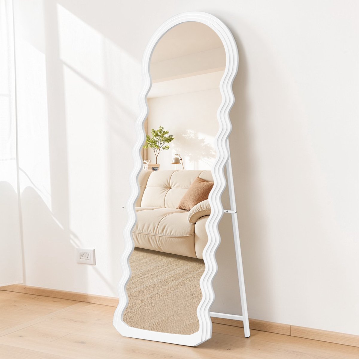 Conway Living® - Golvende Spiegel Wit 160x50cm - Passpiegel - Wavy Mirror - Organische - Asymmetrische vorm - Onregelmatige vloerspiegel -Minimalistisch, Ovale Randen - Modern Design, Wandspiegel - Staande Spiegel met Haken