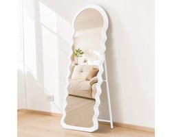 Conway Living® - Golvende Spiegel Wit 160x50cm - Passpiegel - Wavy Mirror - Organische - Asymmetrische vorm - Onregelmatige vloerspiegel -Minimalistisch, Ovale Randen - Modern Design, Wandspiegel - Staande Spiegel met Haken
