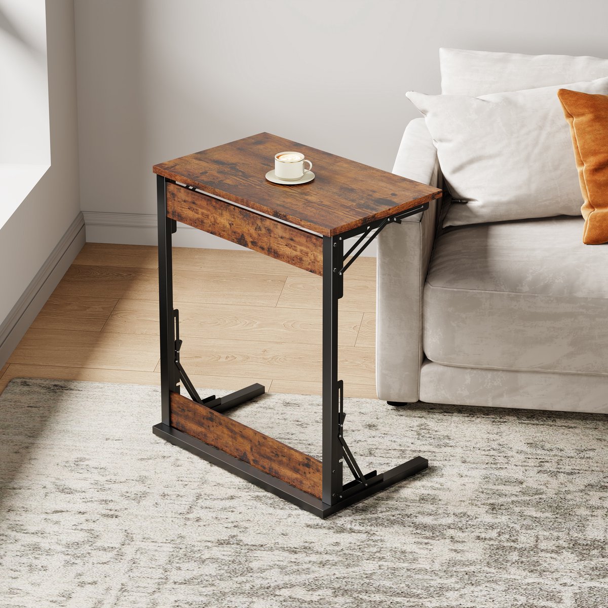 STILVORA Bijzettafel 60 x 37 x 71 cm – Set Van 2 Opvouwbare C Tafel – Onder Bank Schuifbaar – Verstelbare Poten – Zonder Matras – Rustic Brown Zwart+Bruin；Set Van 2
