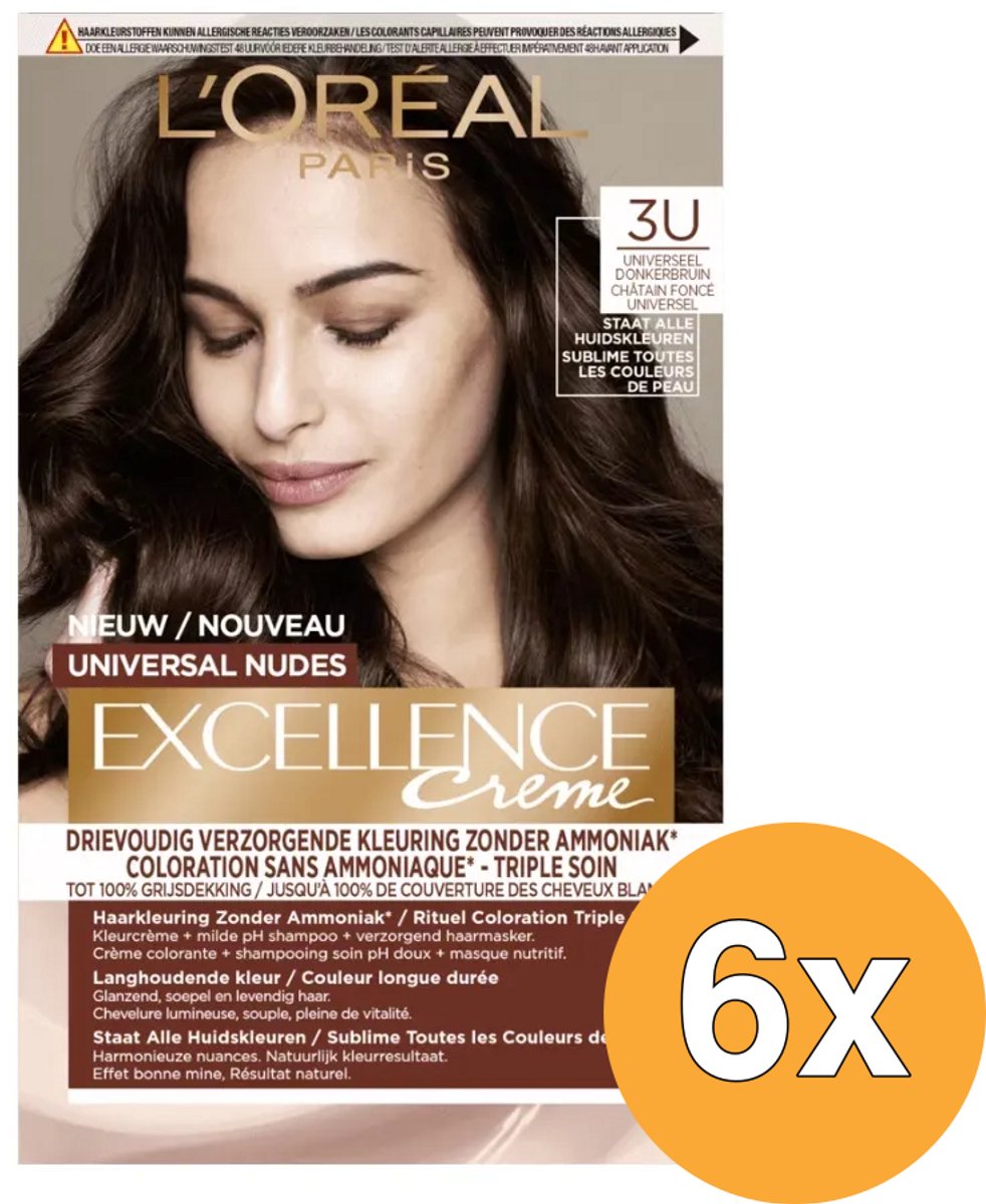 6x L'Oréal Paris Excellence Creme Universal Nudes 3U Donkerbruin (1 stuk)