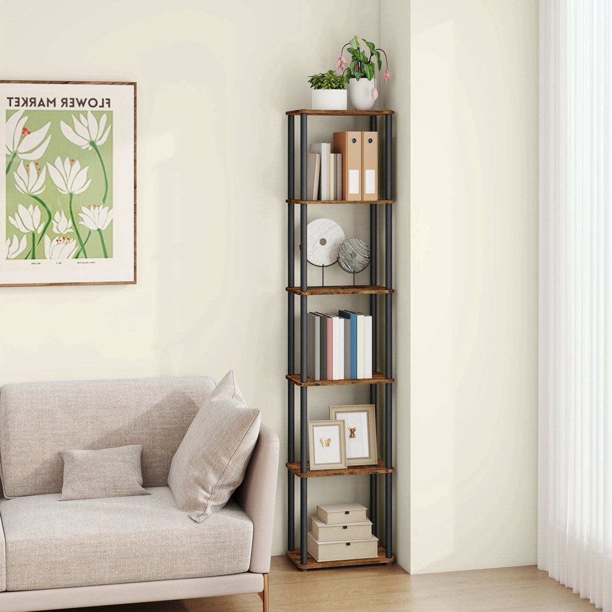 Vrijstaande wandkast – 6 niveaus – Supersnelle montage zonder gereedschap – Vintage bruin-zwart – 23,8 x 38 x 173,4 cm