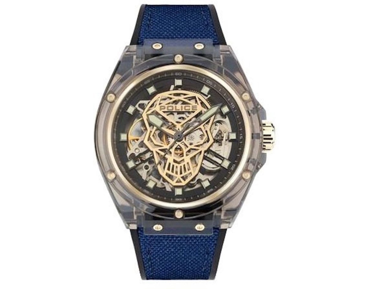 Police Blauw Siliconen Horloge Met Transparante Kast 44MM