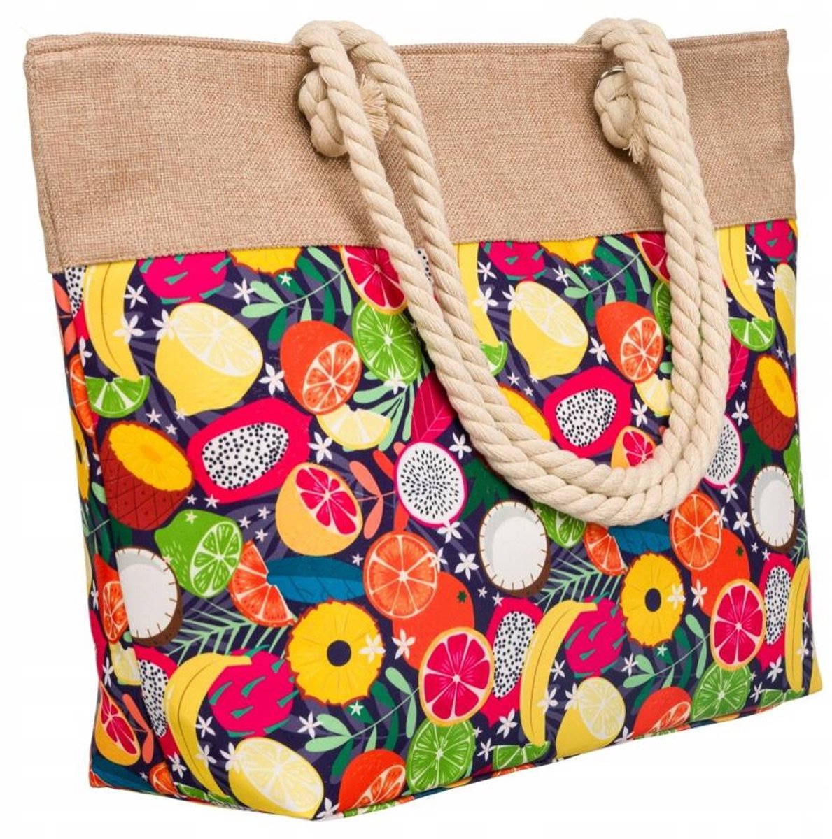 INNY - Plażowa Shopperka - Kleurrijk Fruitmotief - Paskleurig Bovenstuk - Grote Binnenkant