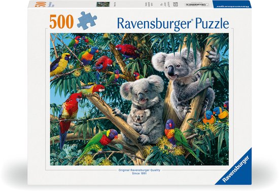 Ravensburger puzzeldoos met een afbeelding van een koala met baby, omringd door kleurrijke papegaaien.