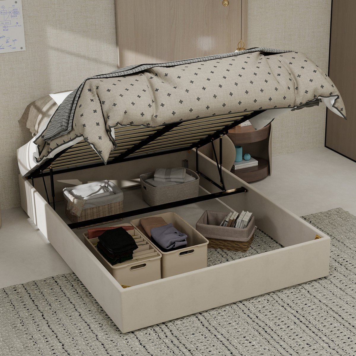 REDOM - Bedframe - Lattenbodemframe - Geometrisch Ontwerp - Stof En Metaal - Beige - 140 X 200 Cm