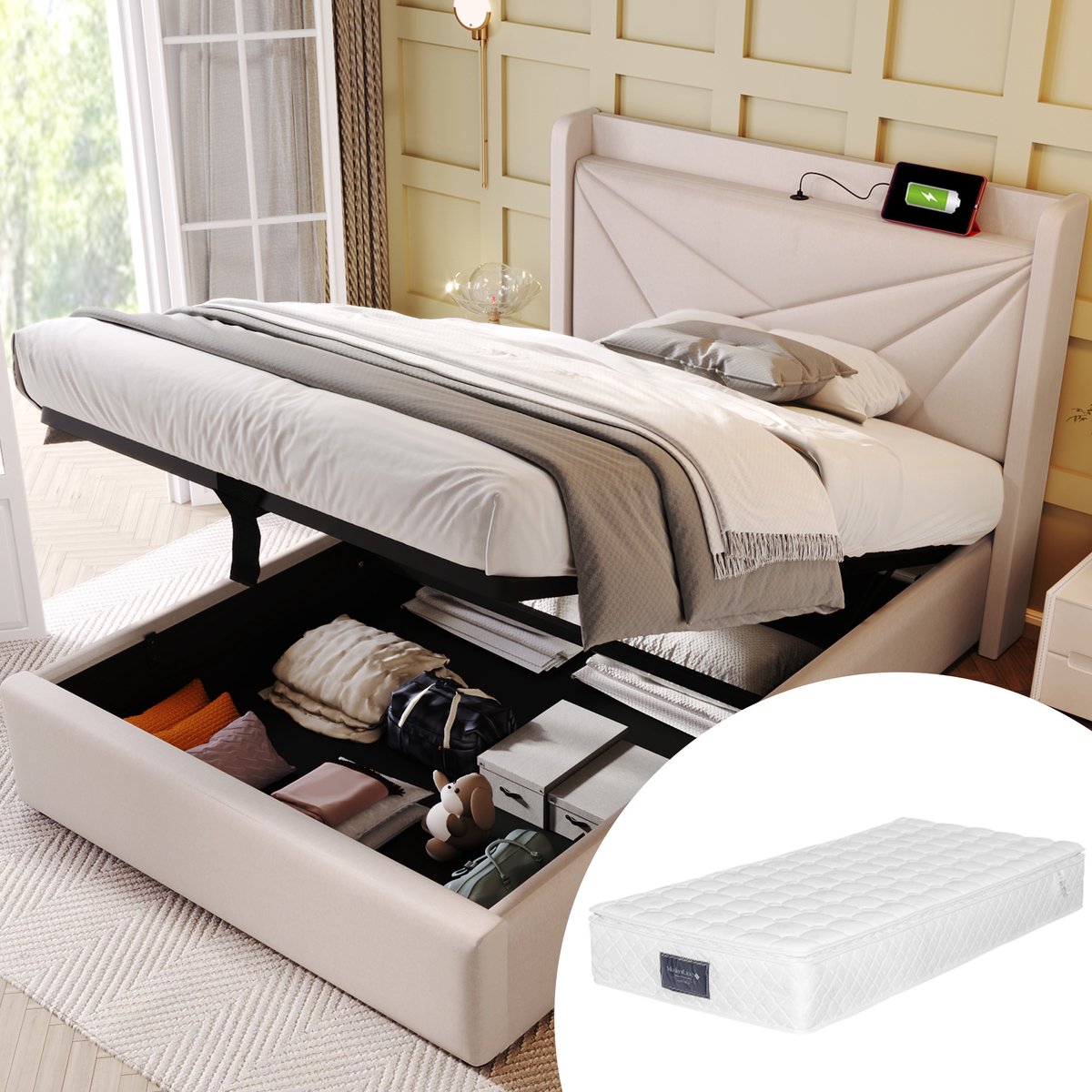 REDOM opbergbed 90x200 cm – Katoen-linnen beige – Geometrisch hoofdbord, USB/Type-C, opbergkist – Incl. matras
