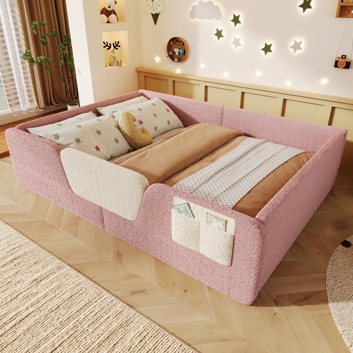 STILVORA Gestoffeerd Kinderbed 140x190cm – Afneembare Veiligheidshekken – Opbergvak Aan De Zijkant – Zonder Matras – Fluweel – Roze