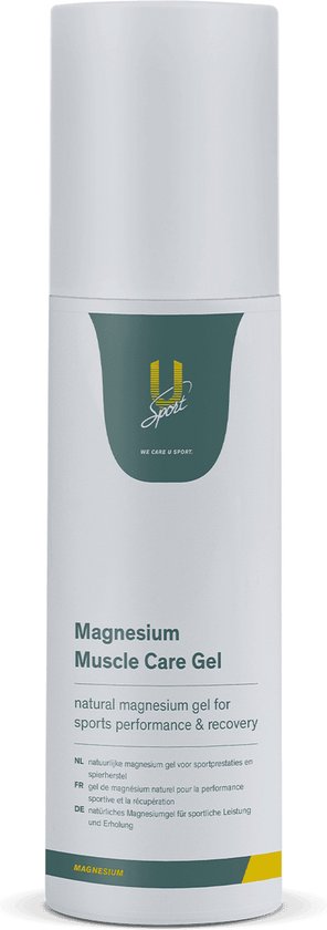 Witte tube met U-Sport logo. Tekst: Magnesium Muscle Care Gel, natural magnesium gel for sports performance & recovery.