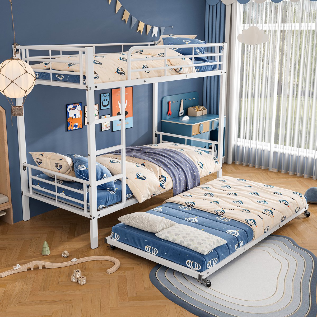 FloraGrace Stapelbed 90x200cm – Met Uitschuifbed 90x190cm – Rechte Ladder – Vier Zijhekken – Voor Kinderen En Tieners – Metaal – Wit - Zonder matras