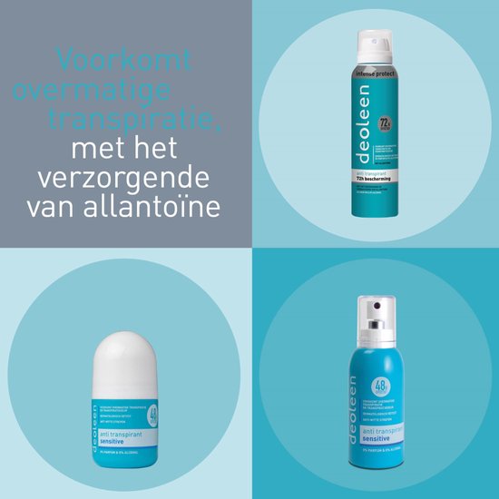 Deoleen Intense Protect - Voorkomt overmatige transpiratie en transpiratiegeur - 72 uur effectief - 0% parfum & 0% alcohol - Dermatologisch getest - Met allantoïne, verzorgend en verzachtend - 150 ml