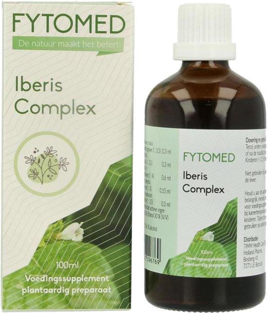 Fles en doos FYTOMED Iberis Complex 100ml. Groene bladeren en witte bloem op de verpakking.