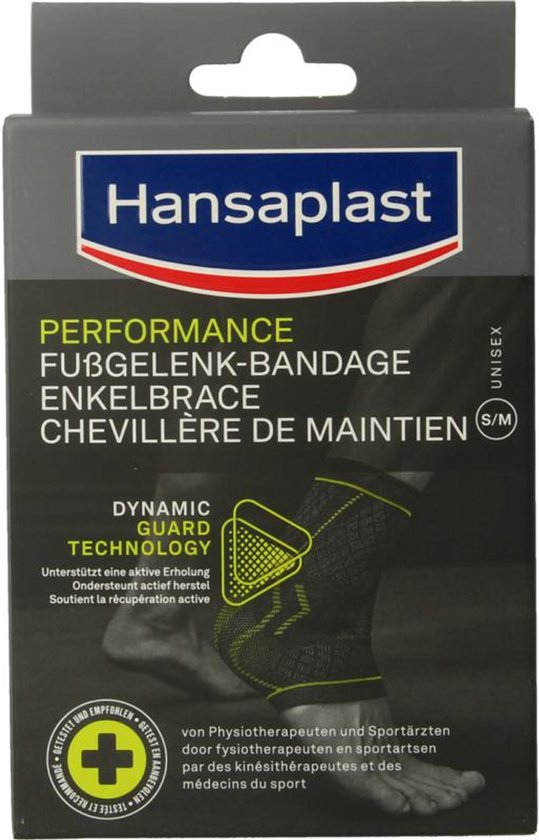 Hansaplast Performance Enkelbrace met Dynamic Guard Technology, op een afbeelding van een enkel.