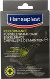 Hansaplast Performance Enkelbrace met Dynamic Guard Technology, op een afbeelding van een enkel.