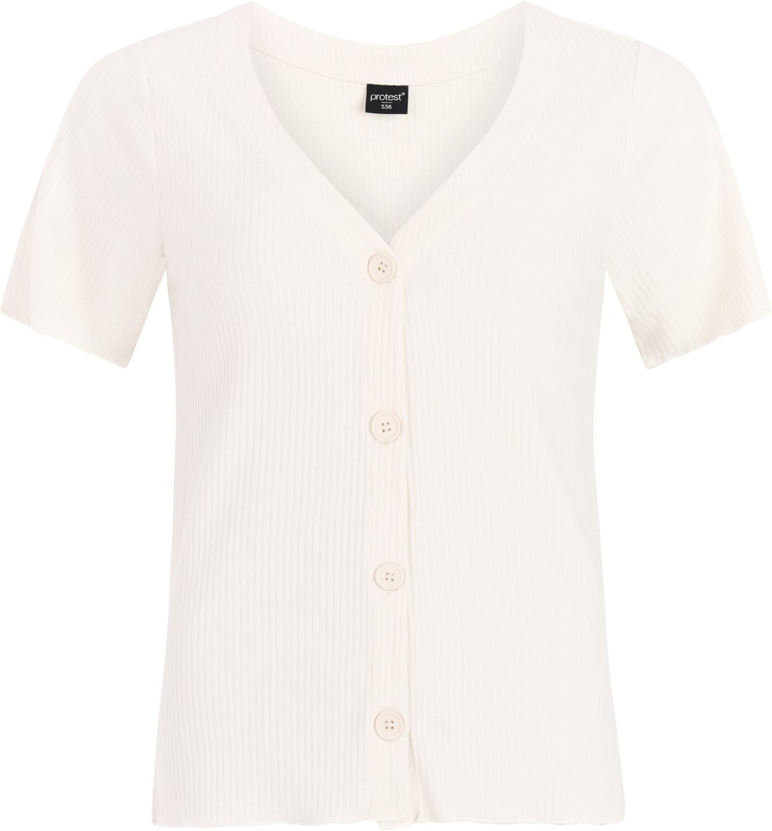Protest PRTOval T-shirt Dames Korte mouwen V hals Knoopsluiting Crème Kitoffwhite