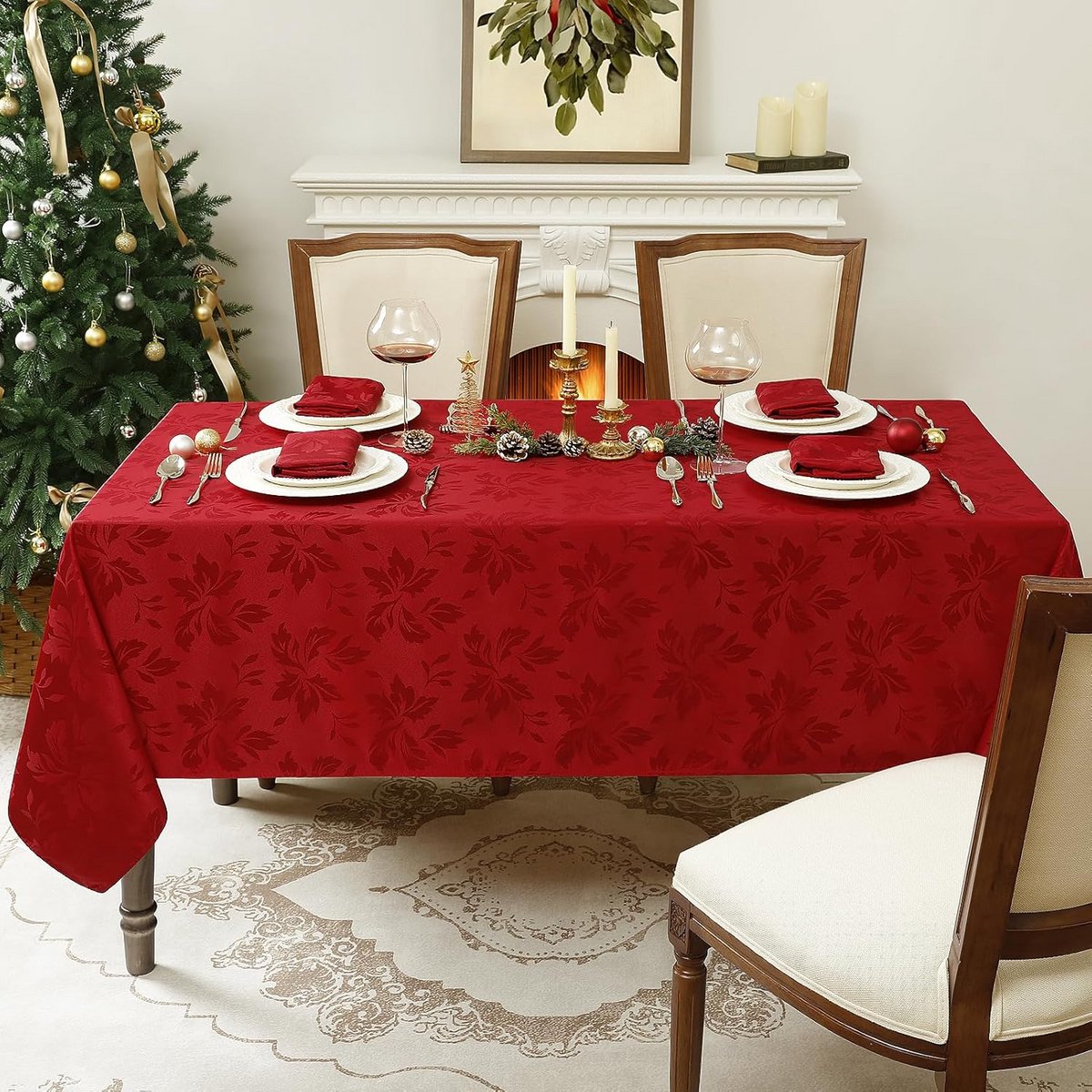 Luxe Jacquard Damast Tafelkleed Rood Rechthoekig 140x320cm Waterafstotend
