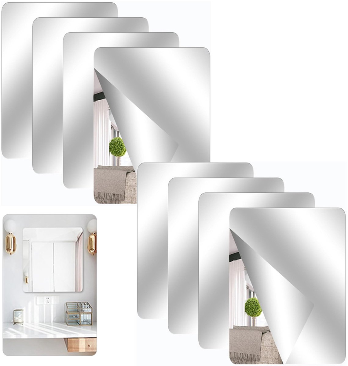 8-delige zelfklevende tegelspiegelset – Acryl spiegel – Flexibel, frameloos voor wanddecoratie in woonkamer, badkamer en slaapkamer – Schoolspiegel, spiegelstickers, kastspiegel (30 x 20 cm)