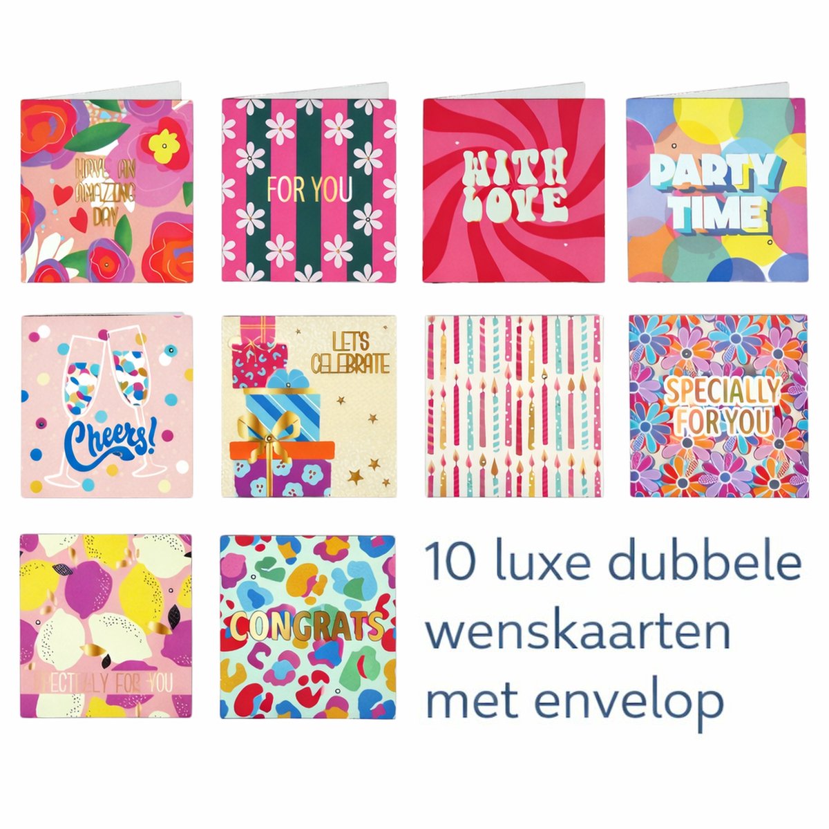 10 Verschillende Luxe Dubbele Wenskaarten Met Envelop – Goud & Zilver Details – 3D Effect