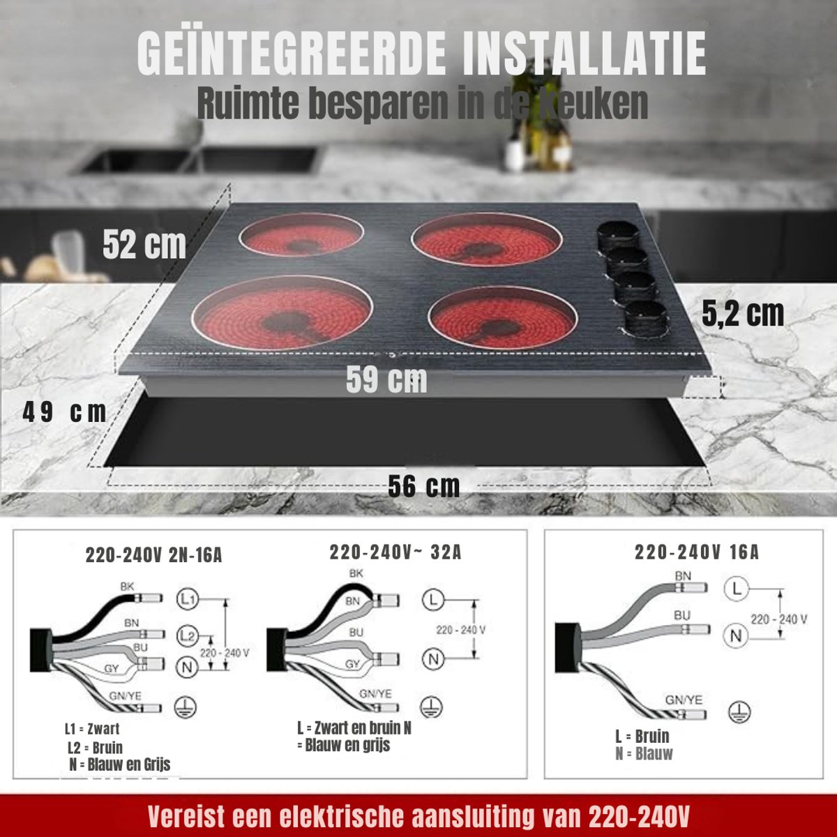 Core® Elektrische Kookplaat 4 Pits - Elektrische Fornuis - Elektrische Kookplaat Vrijstaand - 4 Kookzones - Kinderslot -Houtnerf- Keramische Houtnerf - 59cm x 52cm x 5cm