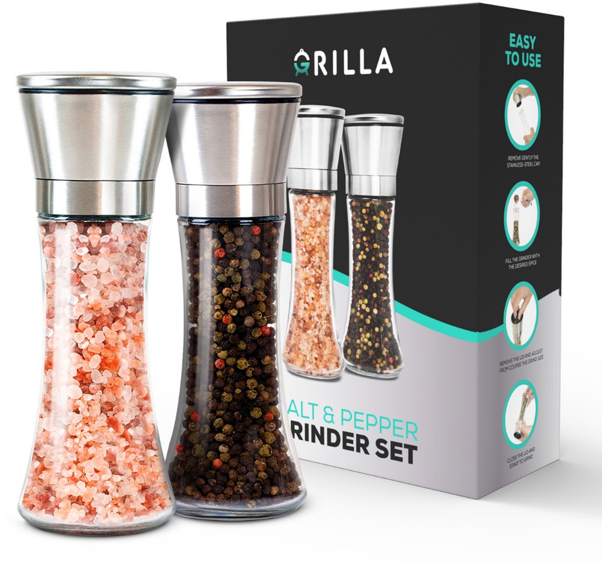 Grilla Peper en Zoutmolen Set - Zout en Peperstel - Zoutvaatje en Pepermolen - RVS - 17 cm