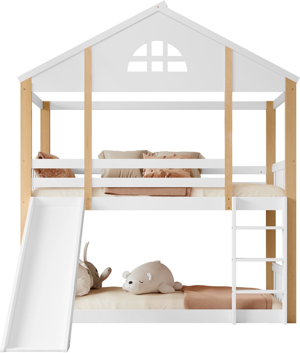 Merax Stapelbed 90x200 cm - Kinderbed - Huisbed met Uitvalbeveiliging - Bed met Glijbaan - Wit met Naturel Hout Bruin