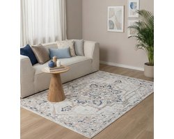 Flycarpets Ancora Vintage vloerkleed - Creme / Blauw - Laagpolig Tapijt Woonkamer - 160x230 cm