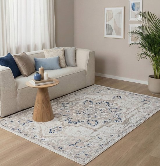 Flycarpets Ancora Vintage vloerkleed - Creme / Blauw - Laagpolig Tapijt Woonkamer - 160x230 cm