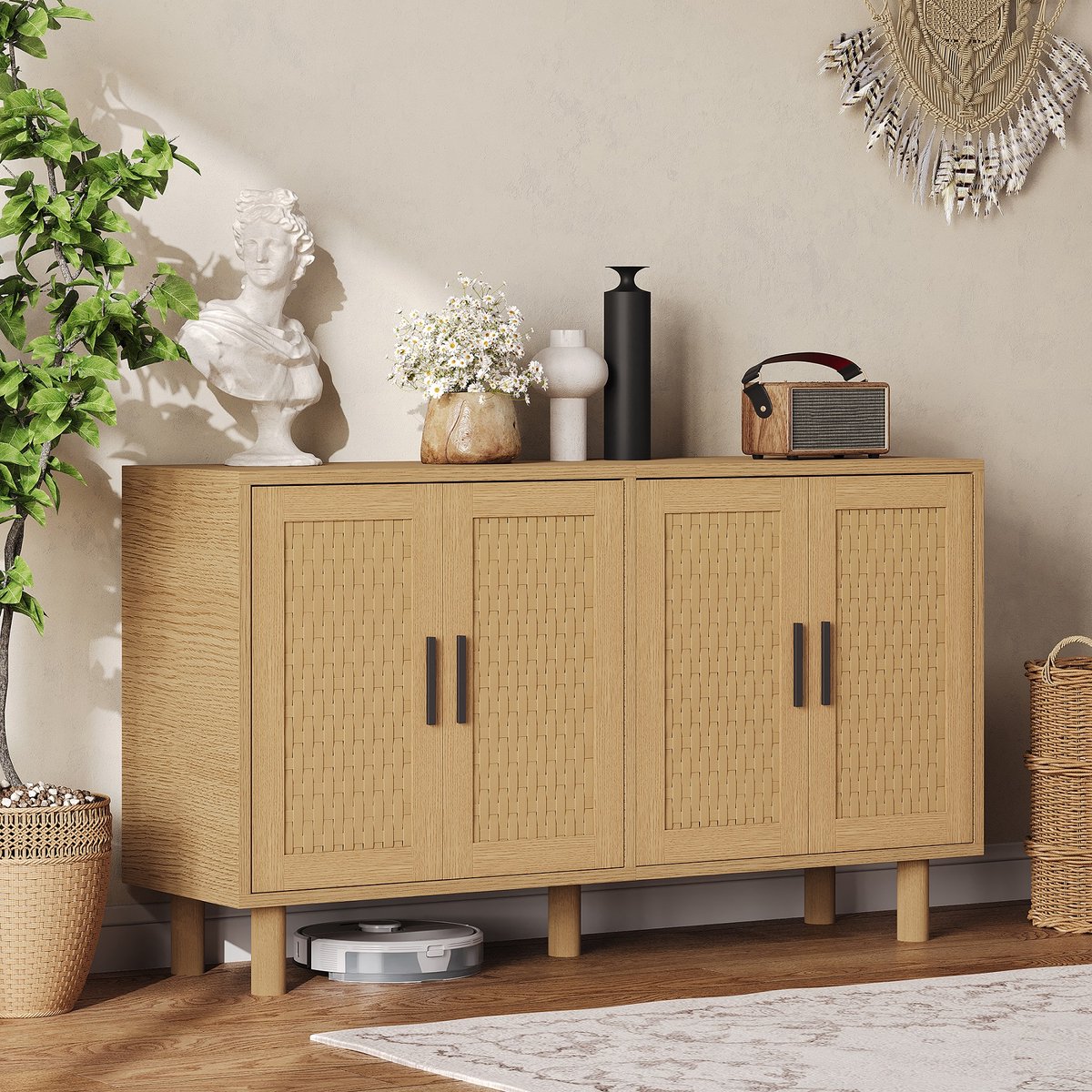 Dressoir, keukenkast met 4 deuren, 140x40x80cm dressoirkast, buffetkast, keukenkast, Bohemen, voor woonkamer, keuken, eetkamer, natuurlijke houten kleur