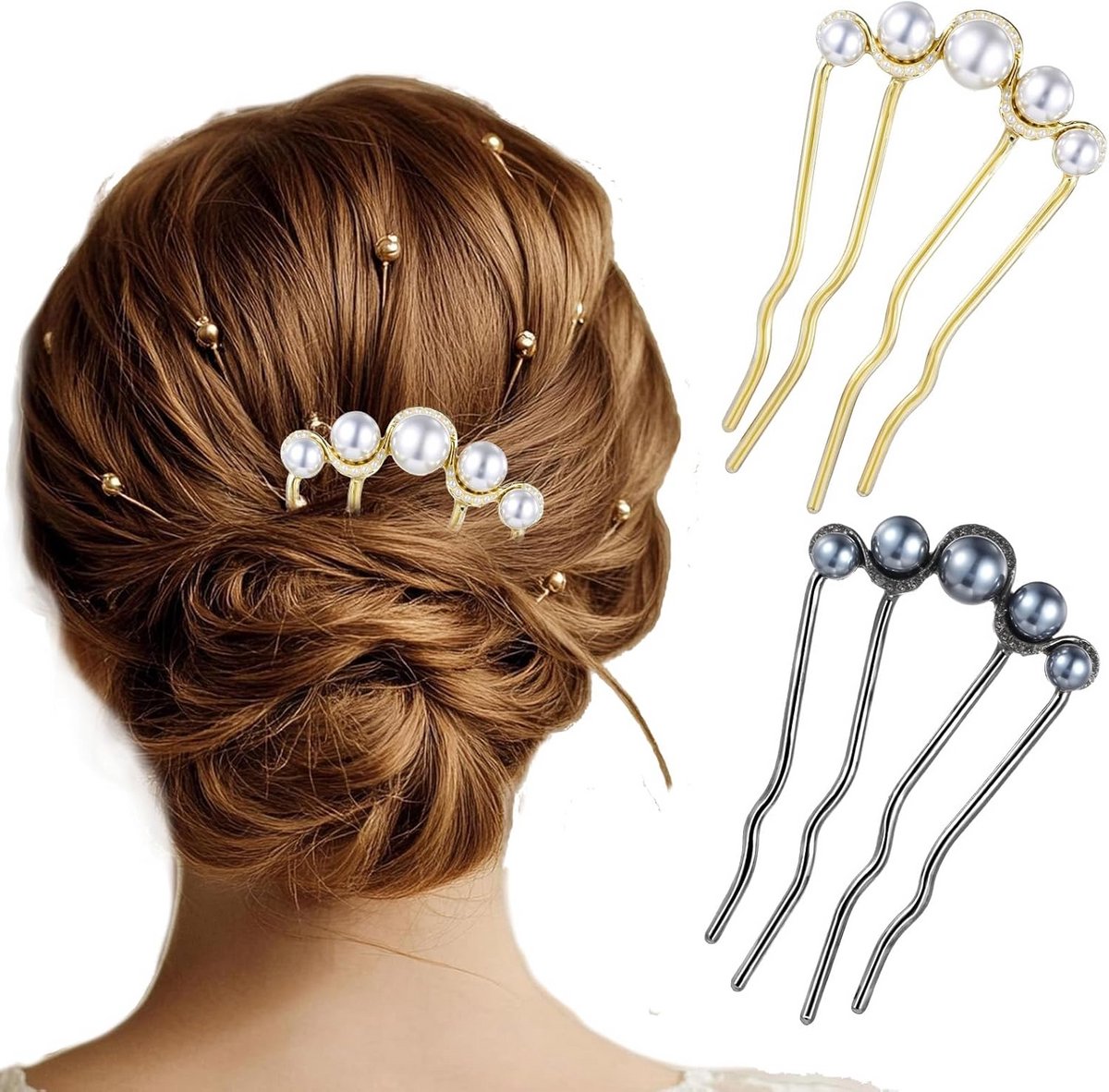 Set van 2x Vintage U Vormige Haarspelden met Parels - Metalen Haaraccessoire voor Dames
