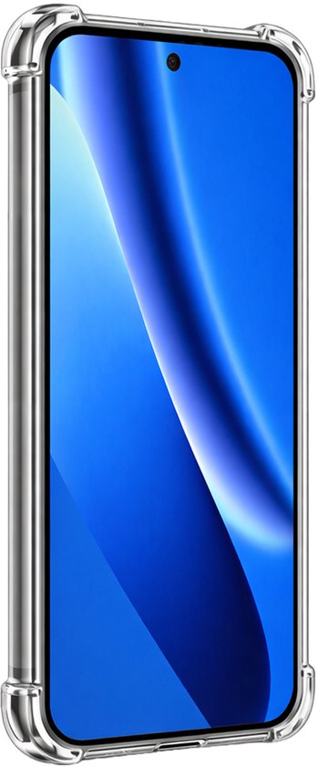 Transparante, schokbestendige telefoonhoes met verstevigde hoeken om een telefoon.