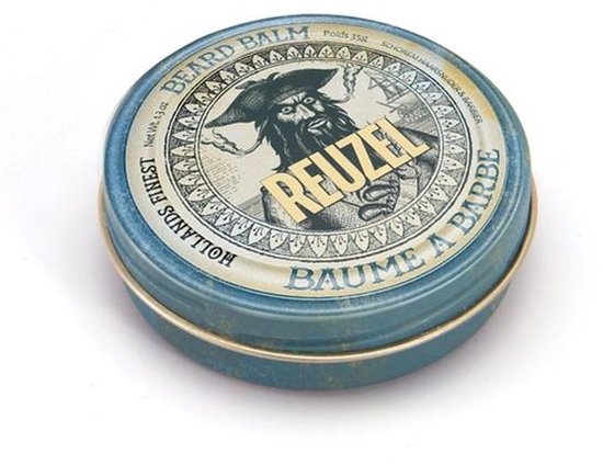 Blauwe metalen pot met baardbalsem, met een vintage illustratie van een piraat en de tekst 'REUZEL BAUME A BARBE'.
